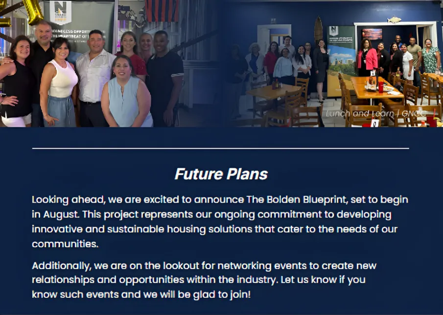 Cross Builds future plans: Bolden Blueprint August start, sustainable housing, networking events team photo.