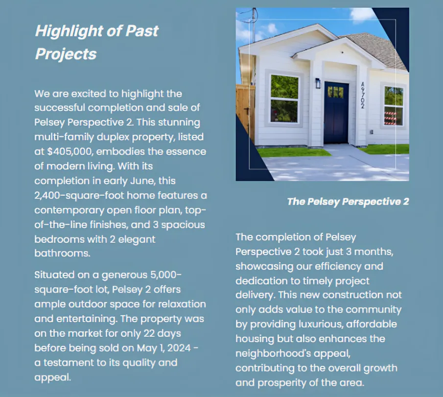 Past projects highlight: Pelsey Perspective 2 duplex sold in 22 days, modern 2400 sq ft home.