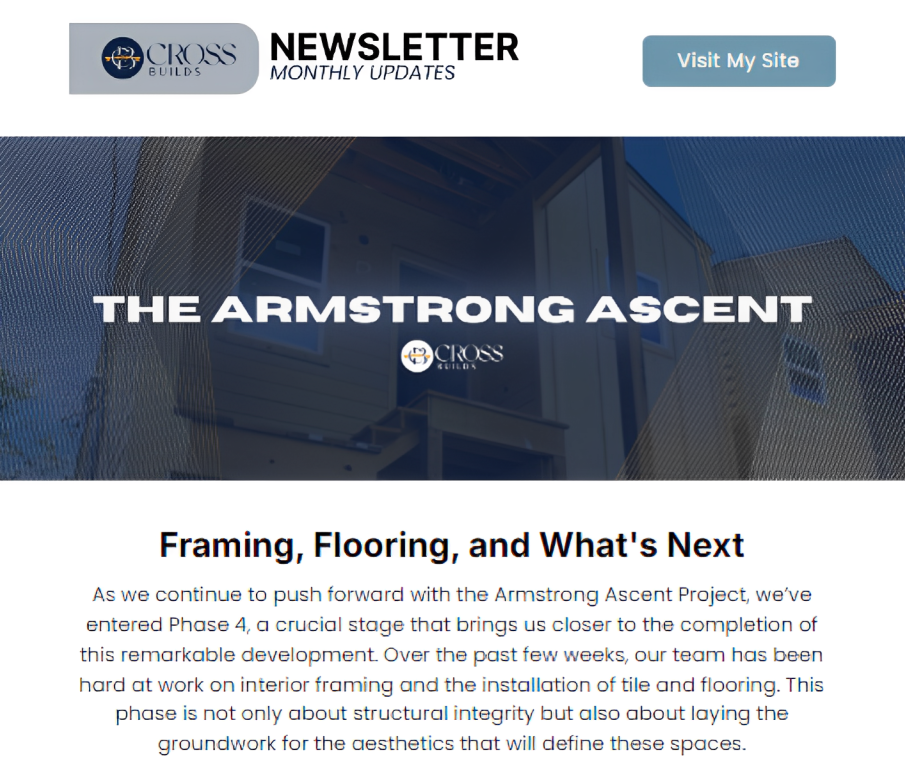 Cross Builds Armstrong Ascent project Phase 4: Interior framing and flooring progress overview.