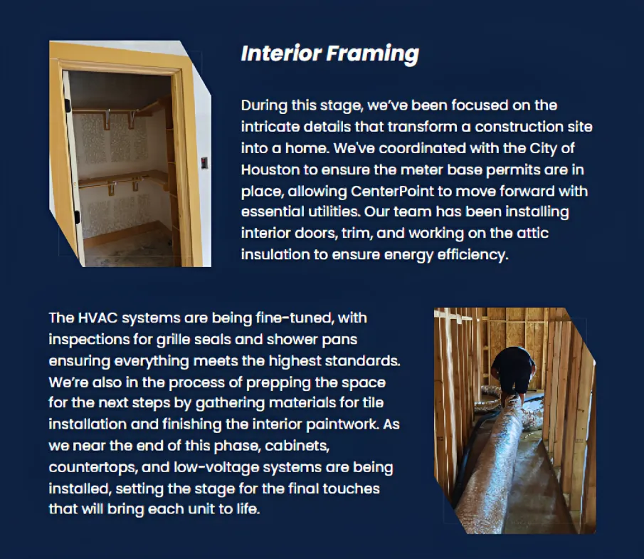 Cross Builds interior framing: HVAC fine-tuning, attic insulation, City of Houston meter permits, cabinet/counter prep.