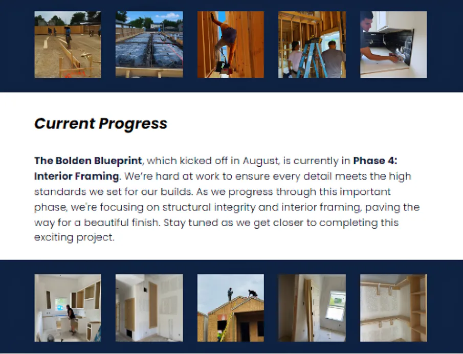 Bolden Blueprint Phase 4 interior framing progress photos on Cross Builds site.