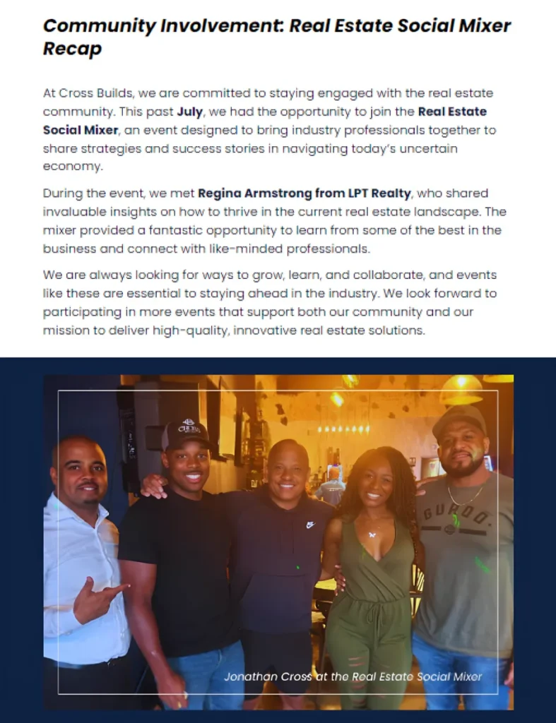 Cross Builds at Real Estate Social Mixer: Networking with Regina Armstrong from LPT Realty.
