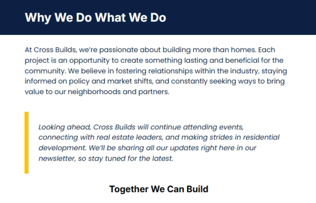 Cross Builds why we do what we do: Passion for lasting community impact, real estate networking.