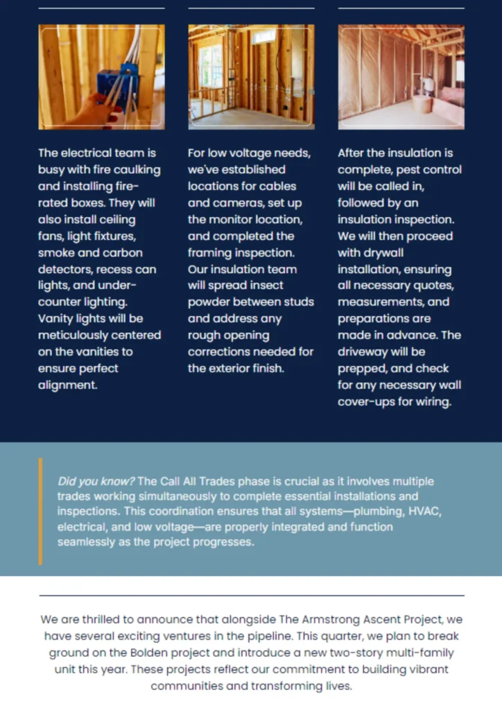 Cross Builds newsletter on Call All Trades: Plumbing, roofing, HVAC coordination for Armstrong project transition to finishing stages.
