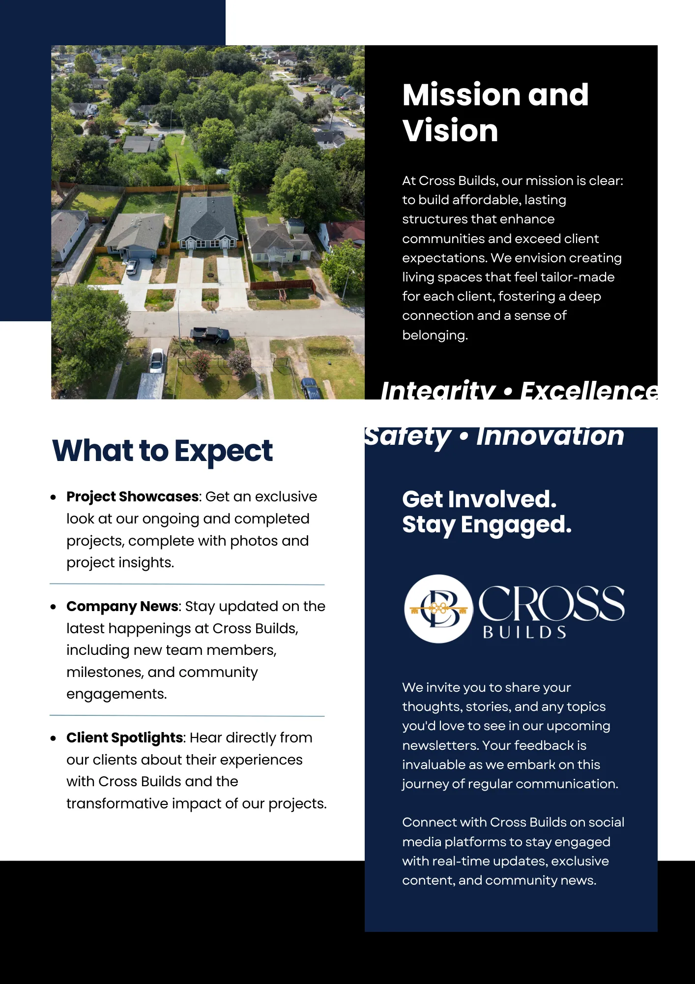 Cross Builds mission and vision newsletter with project showcases and client spotlights.