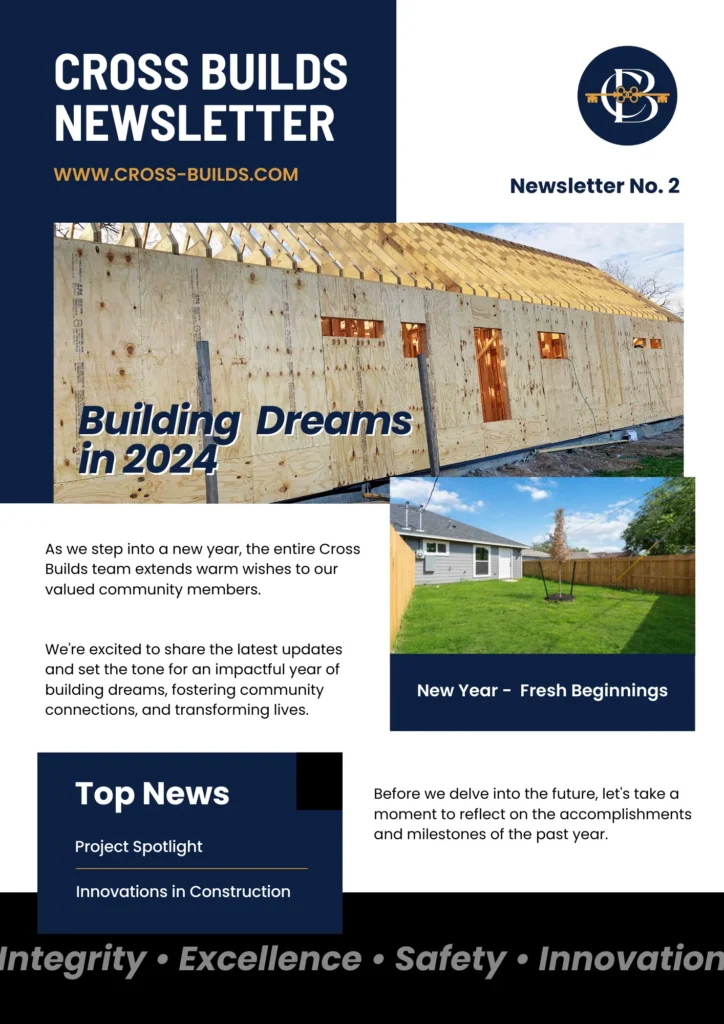 Cross Builds Newsletter No.2 on building dreams in 2024 with project spotlight and New Year message.