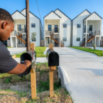 Cross Builds team member at mailbox in front of completed Pelsey Triplets home for sale in Houston